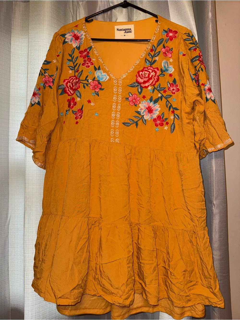 Savanna Jane Mustard Embroidered V-Neck Tunic Dress